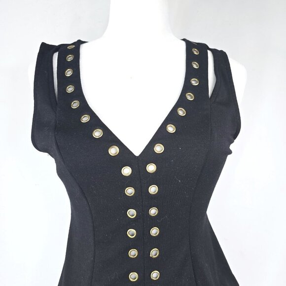 Guess Black Gold Rivet Studded V Neck Sleeveless Peplum Top ModWife Whimsigoth - Picture 6 of 8